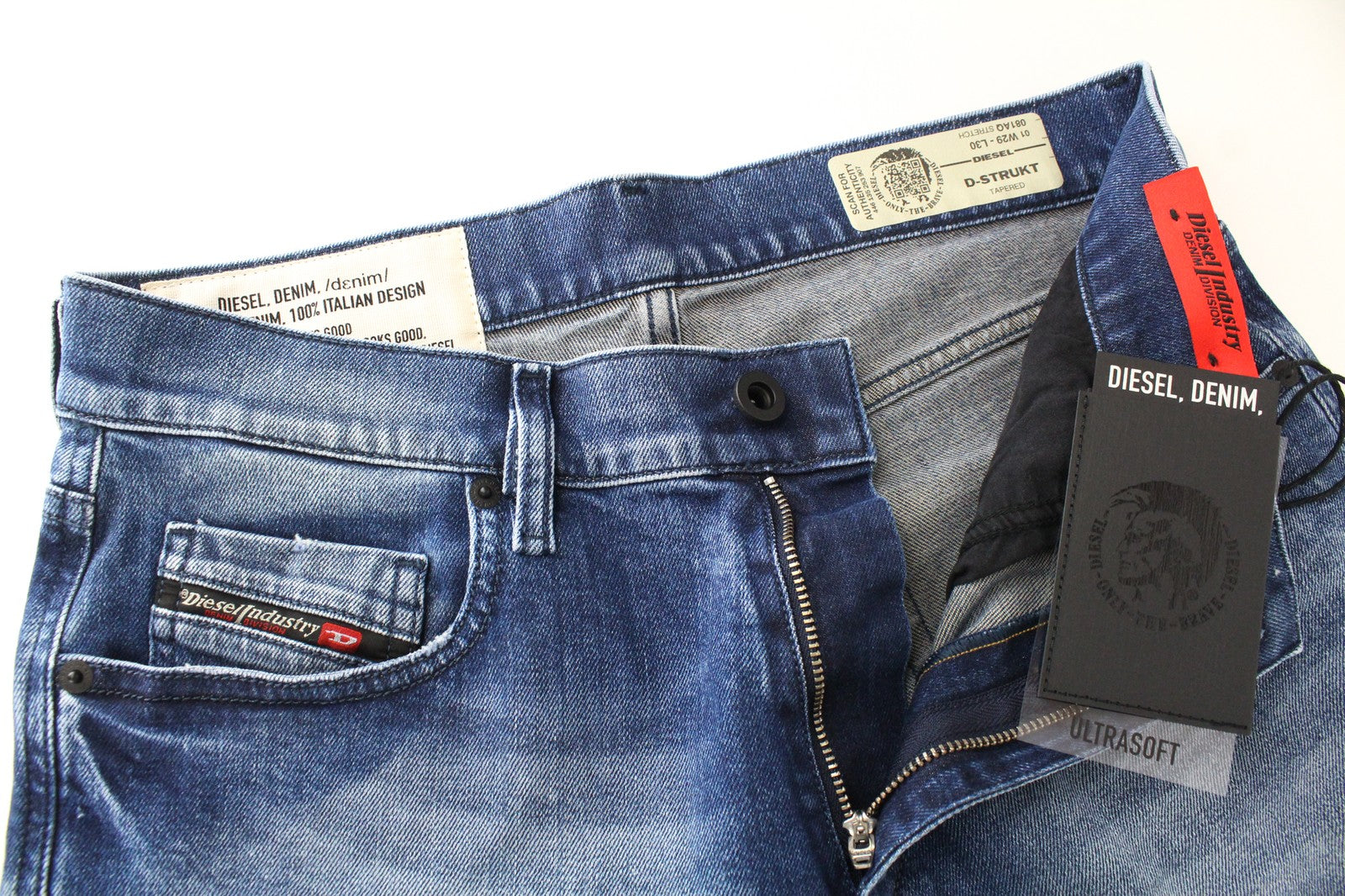 DIESEL D-Strukt 081AQ Men's W29/L30 Tapered Ripped Jeans Stone Washed Zip