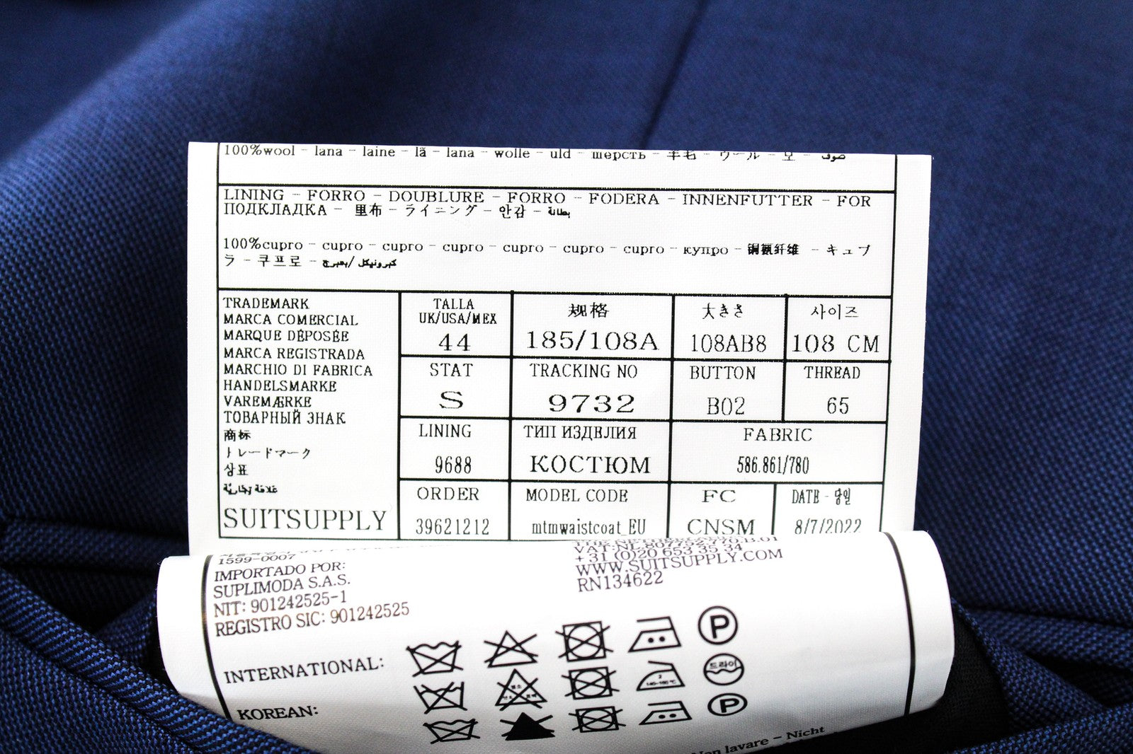 SUITSUPPLY La Spalla Men's Suit UK44S 3 Piece Mid-Blue Wool Twill Classic Fit