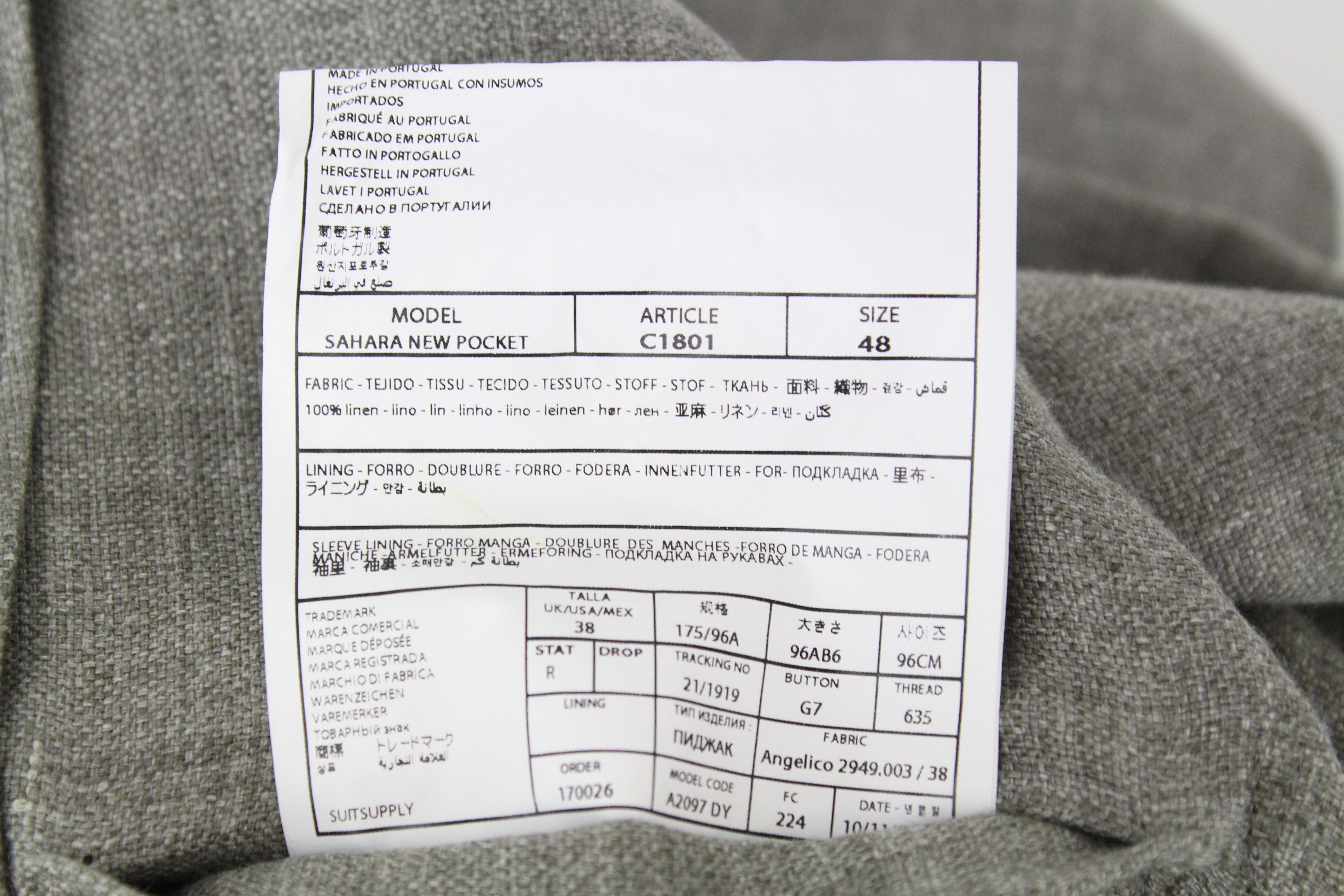 SUITSUPPLY vyriška striukė su „Sahara Pocket“ UK38R pilka gryno lino palaidinė be pamušalo 