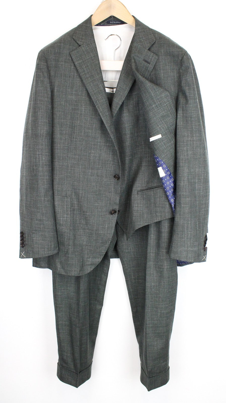 SUITSUPPLY La Spalla vyriškas kostiumas, žalias, 3 dalių, vilnonis, lininis, šilkinis, klostuotas, UK50R 