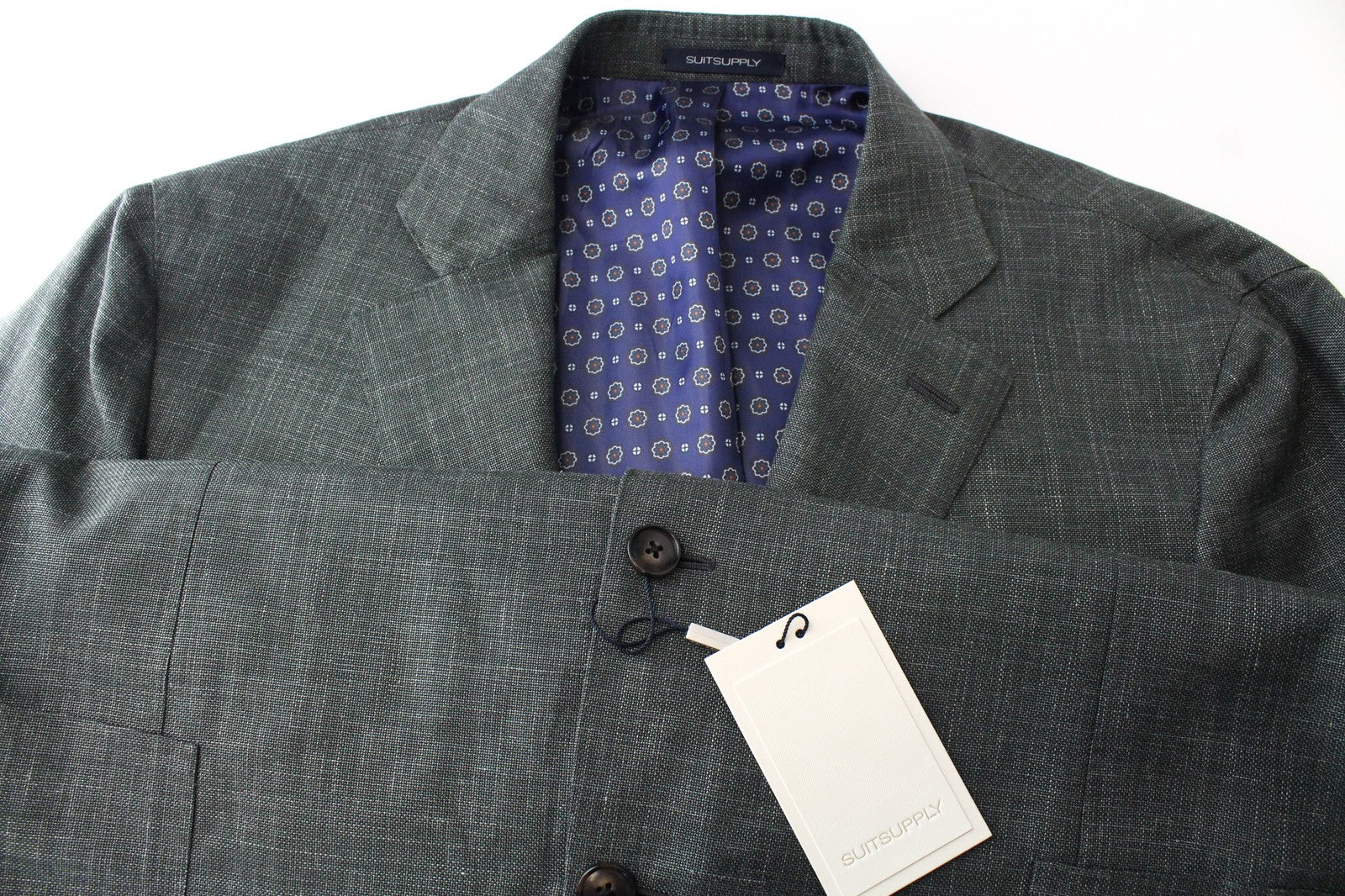 SUITSUPPLY La Spalla vyriškas kostiumas, žalias, 3 dalių, vilnonis, lininis, šilkinis, klostuotas, UK50R 