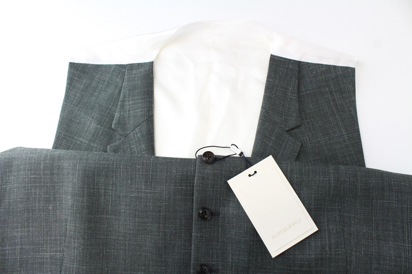 SUITSUPPLY La Spalla vyriškas kostiumas, žalias, 3 dalių, vilnonis, lininis, šilkinis, klostuotas, UK50R 