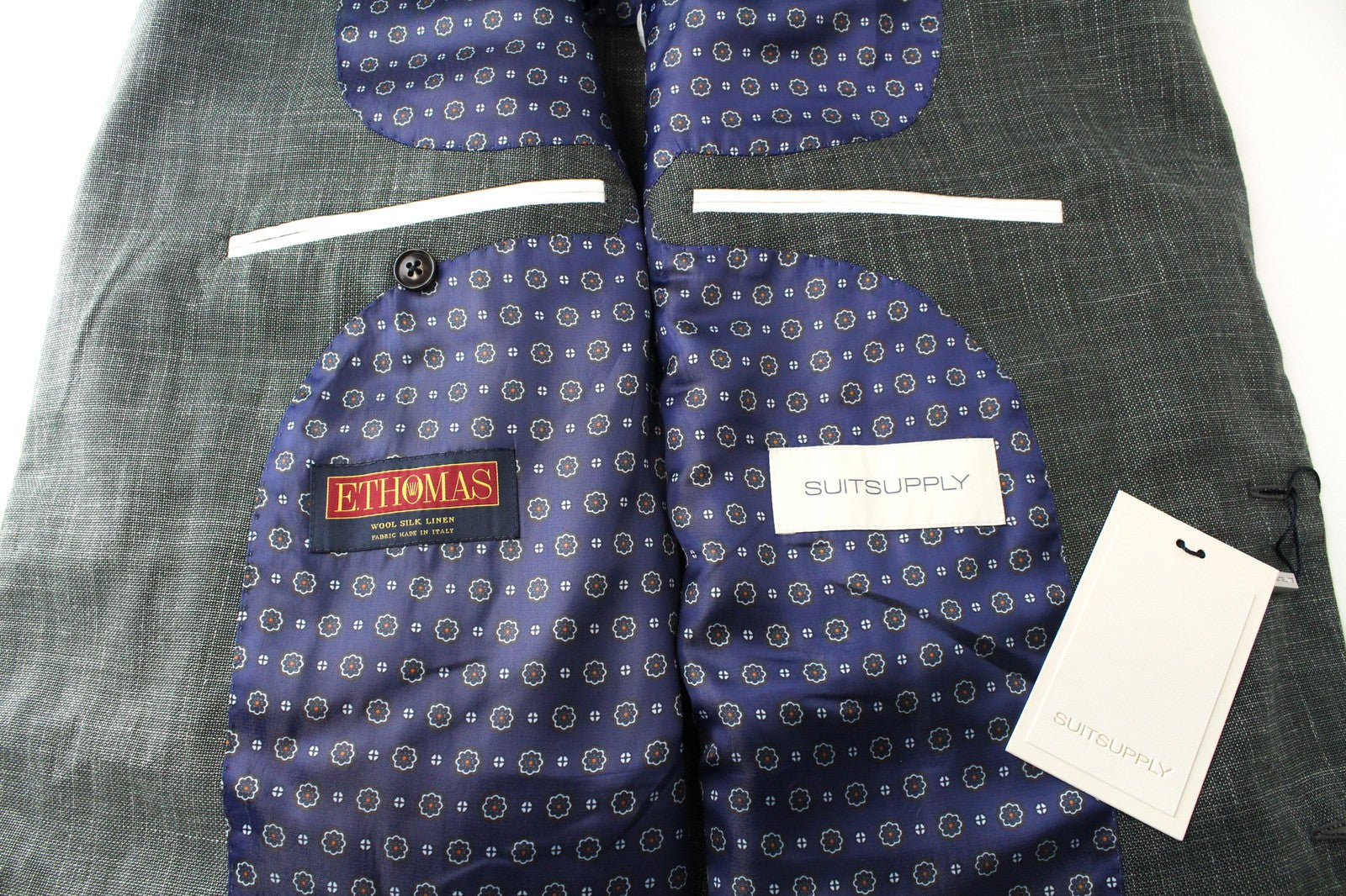 SUITSUPPLY La Spalla vyriškas kostiumas, žalias, 3 dalių, vilnonis, lininis, šilkinis, klostuotas, UK50R 