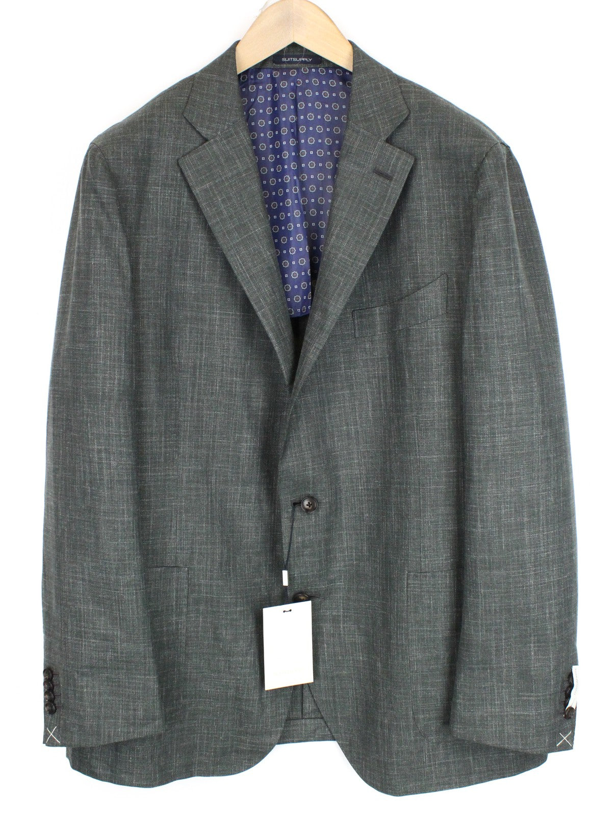 SUITSUPPLY La Spalla vyriškas kostiumas, žalias, 3 dalių, vilnonis, lininis, šilkinis, klostuotas, UK50R 