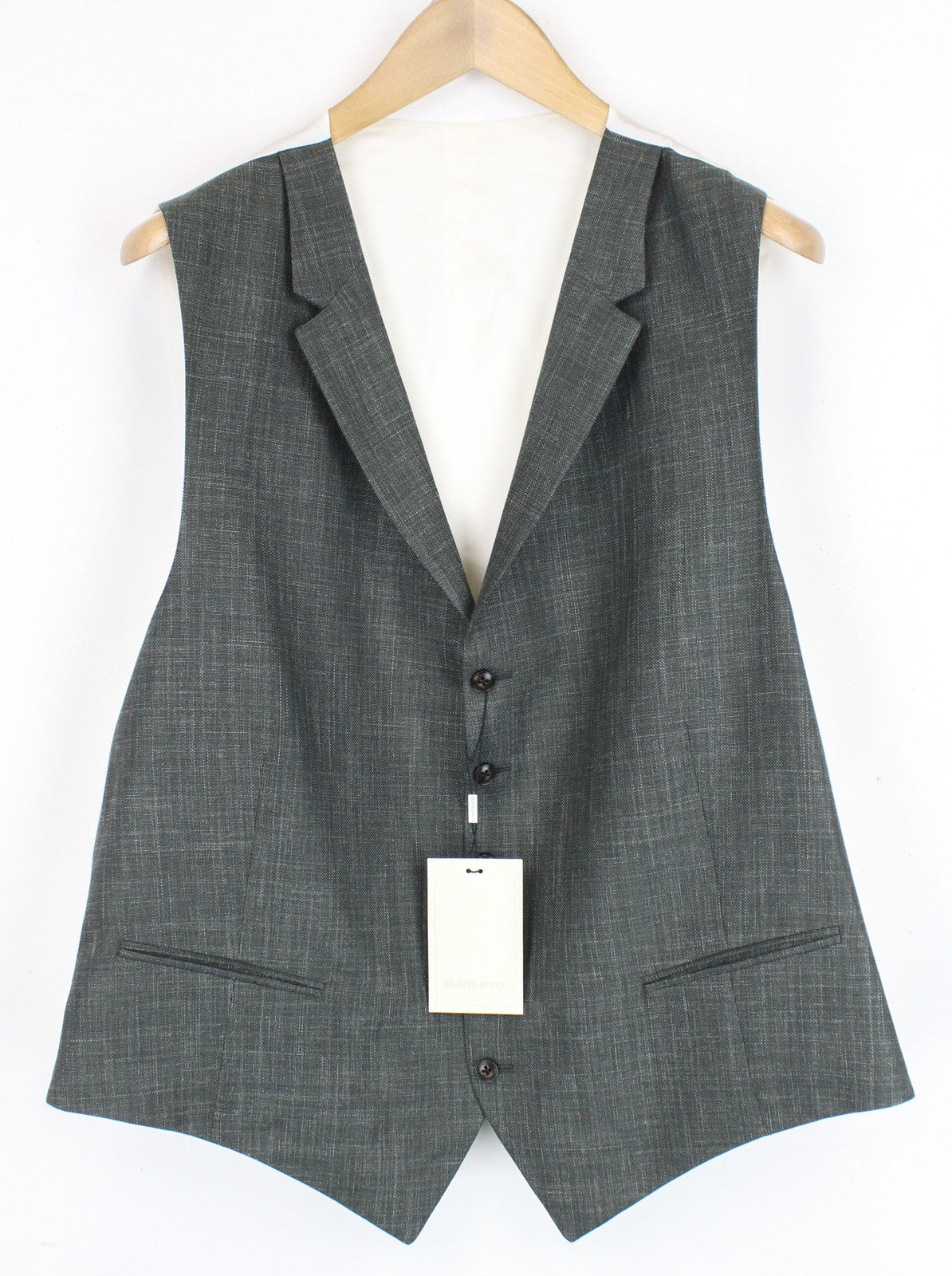 SUITSUPPLY La Spalla vyriškas kostiumas, žalias, 3 dalių, vilnonis, lininis, šilkinis, klostuotas, UK50R 