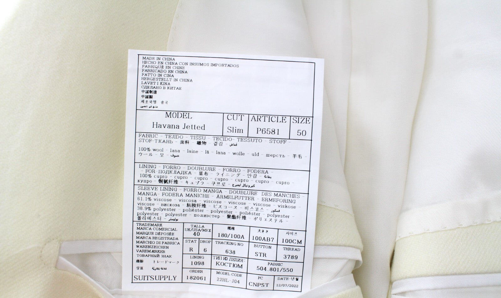 SUITSUPPLY Havana Jetted Men's Suit UK40R Wool Slim Off-White 2 Piece Classic