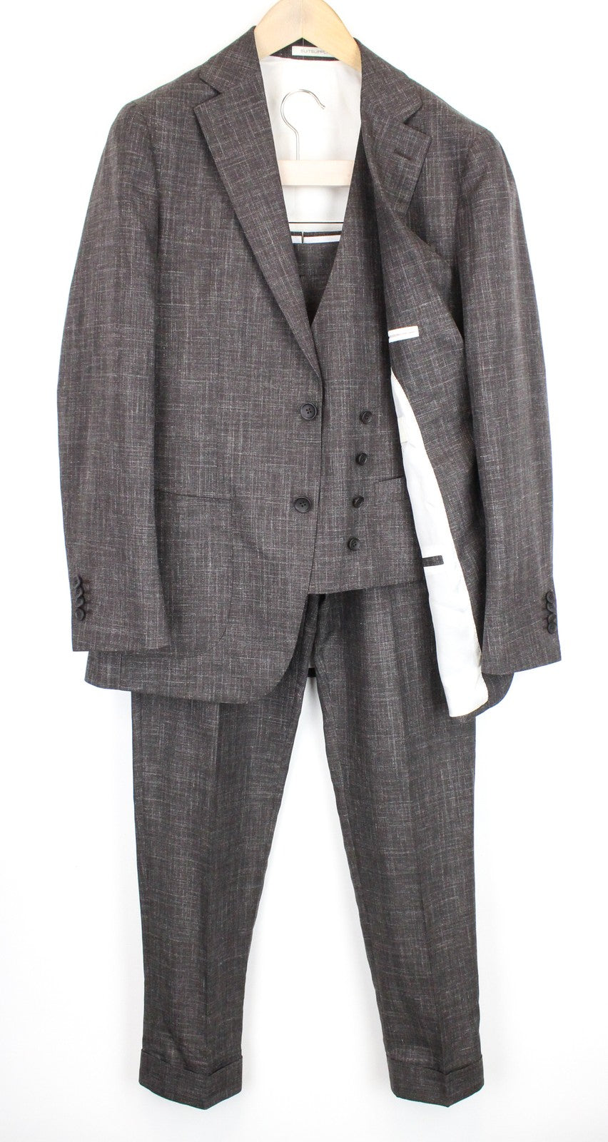 SUITSUPPLY vyriškas kostiumas „Havana“, UK38R, plonas vilnos ir šilko melanžo spalvos, 3 dalių, rudos spalvos mišinio audinys 