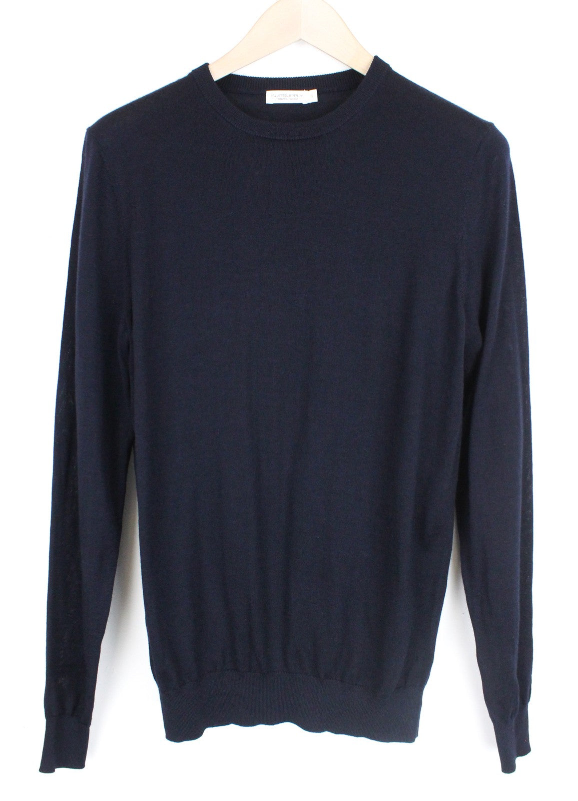 „SUITSUPPLY“ vyriškas megztinis S dydžio merino vilnos aptemptas megztinis, tamsiai mėlynas, megztinis su palaidine 
