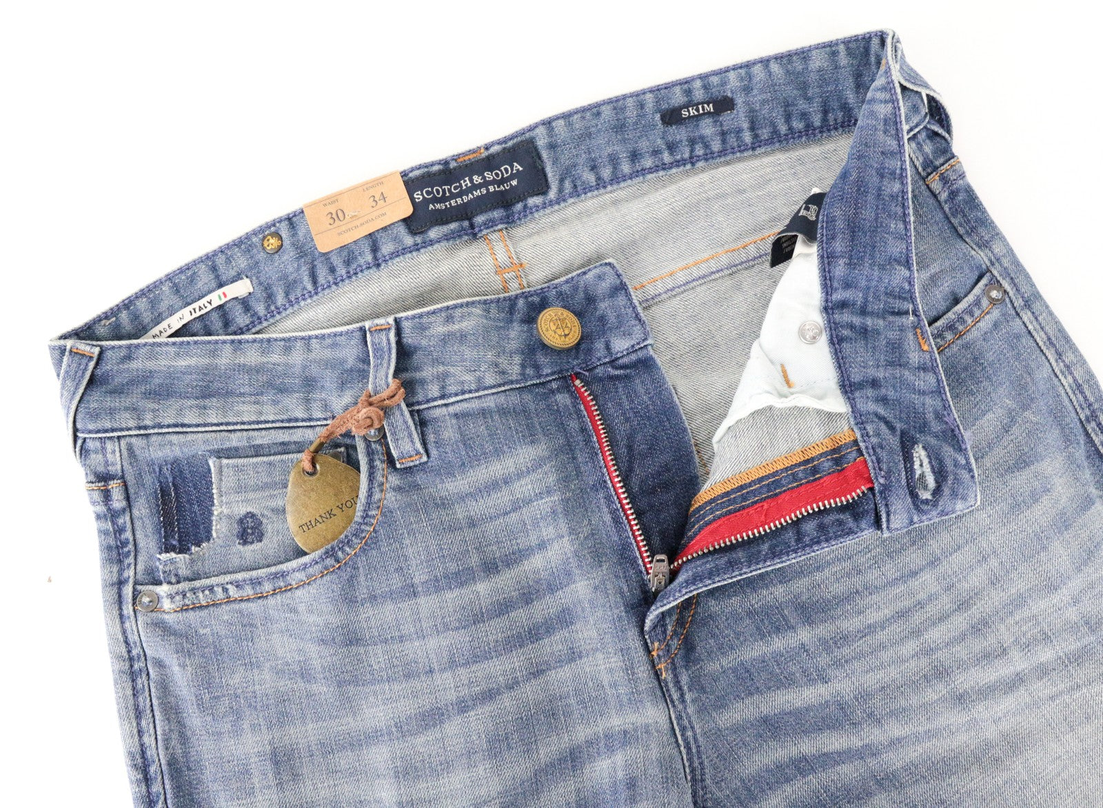 SCOTCH &amp; SODA vyriški skim džinsai W30/L34, dirbtinai tamprūs, mėlyni, part. 22 