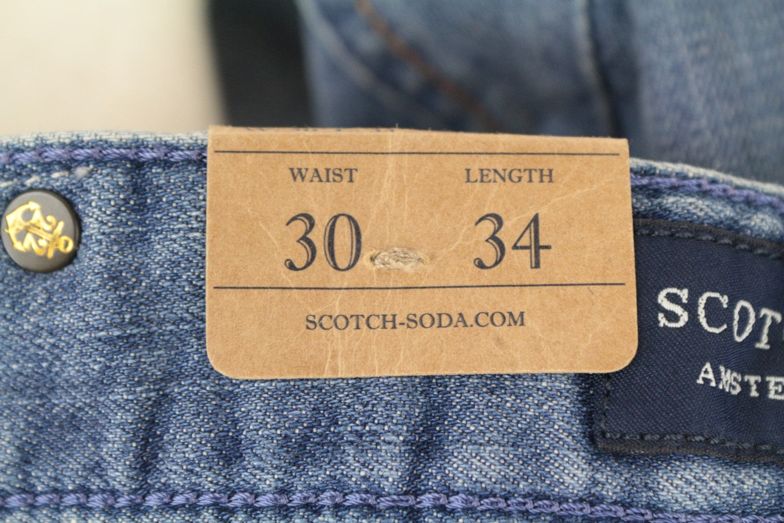 SCOTCH &amp; SODA vyriški skim džinsai W30/L34, dirbtinai tamprūs, mėlyni, part. 22 