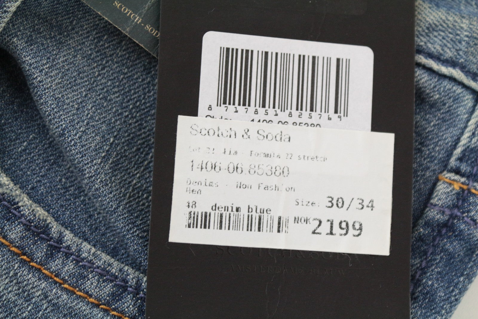 SCOTCH &amp; SODA vyriški skim džinsai W30/L34, dirbtinai tamprūs, mėlyni, part. 22 