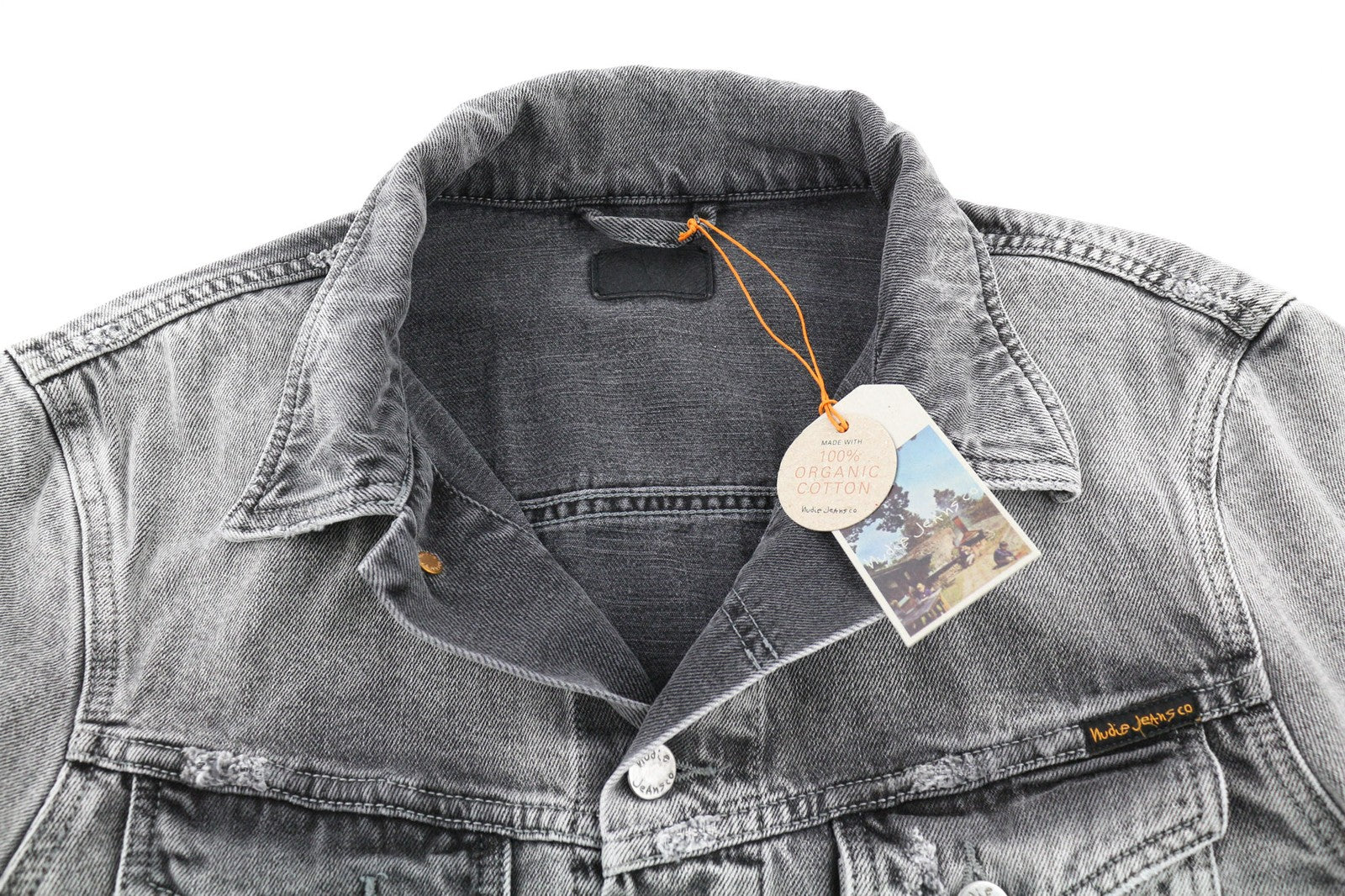 Nudie Jeans Billy šviesiai pilka trashed vyriška striukė L su išblukusiomis kišenėmis ir sagomis 