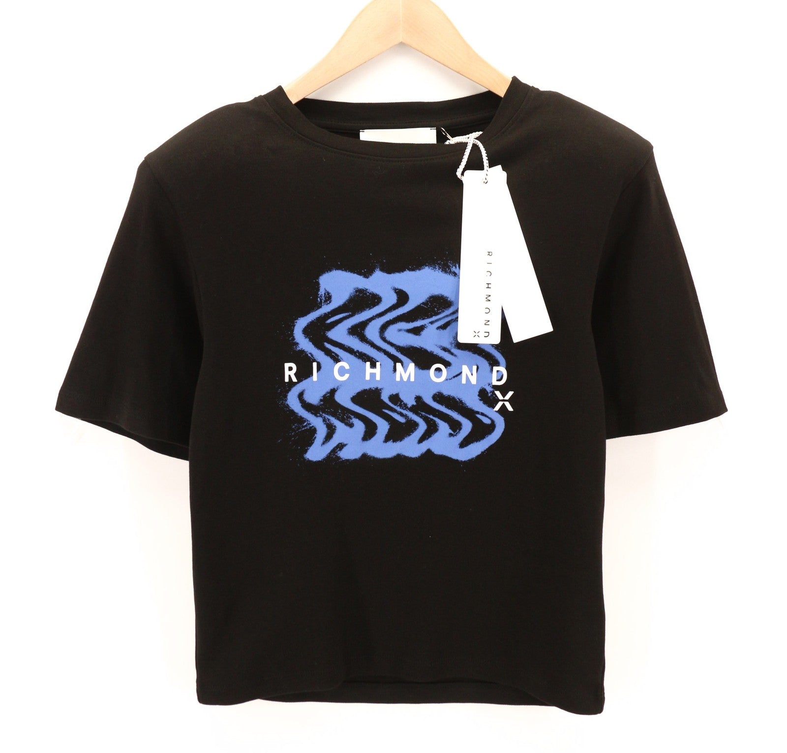 JOHN RICHMOND moteriški marškinėliai S juodi trumpomis rankovėmis su pečių pagalvėlėmis 