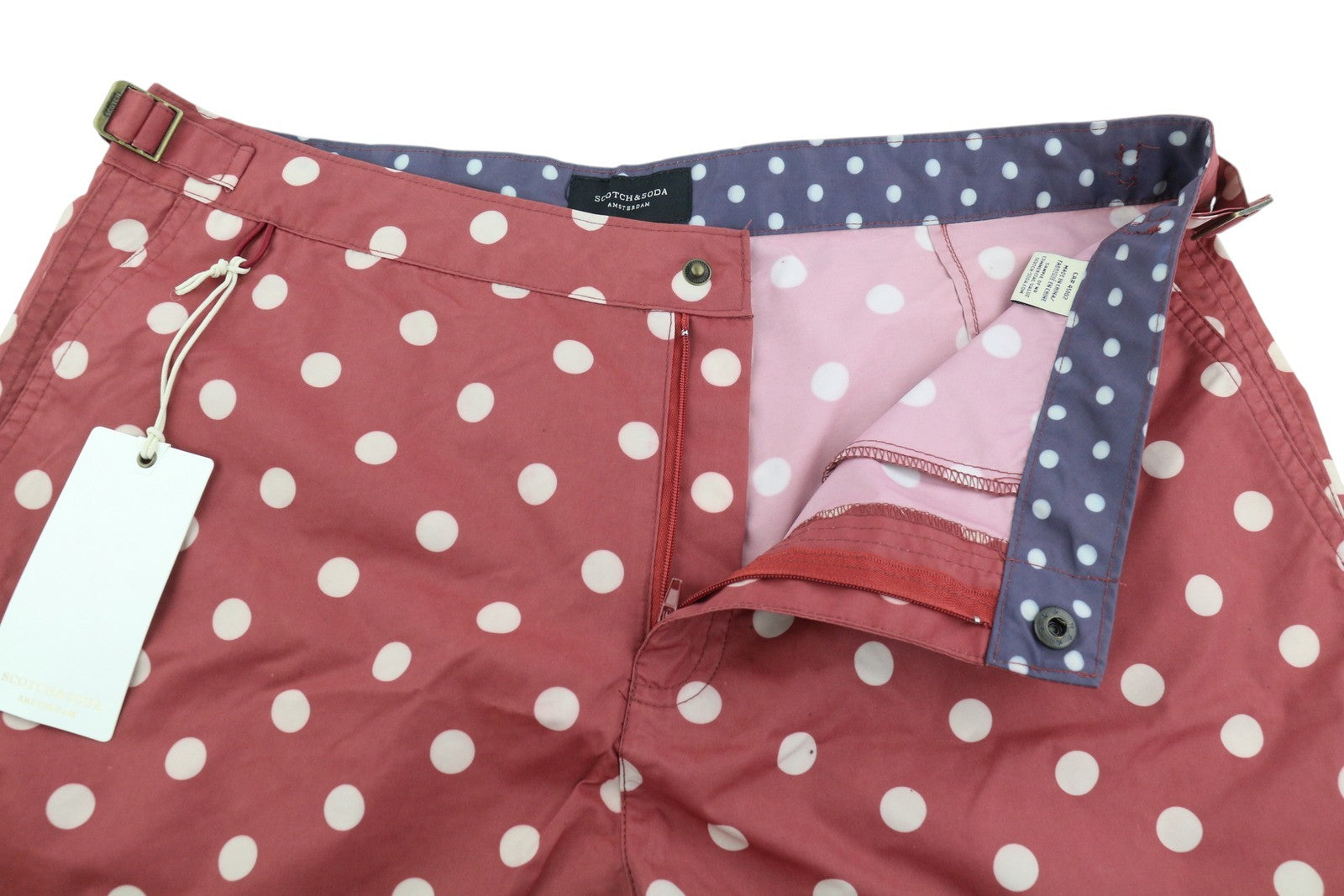 SCOTCH &amp; SODA vyriški maudymosi kostiumėliai ~W32 tamsiai raudoni taškuoti rašto užtrauktukai, kišenės su logotipu 