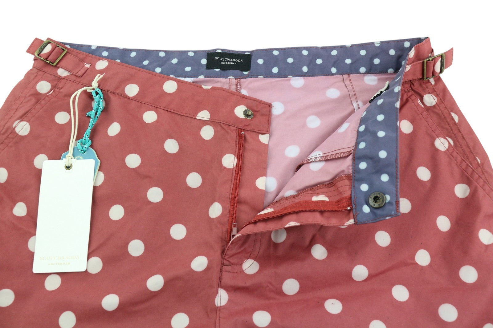 SCOTCH &amp; SODA vyriški maudymosi kostiumėliai ~W34 tamsiai raudoni taškuoti rašto užtrauktukai, kišenės su logotipu 