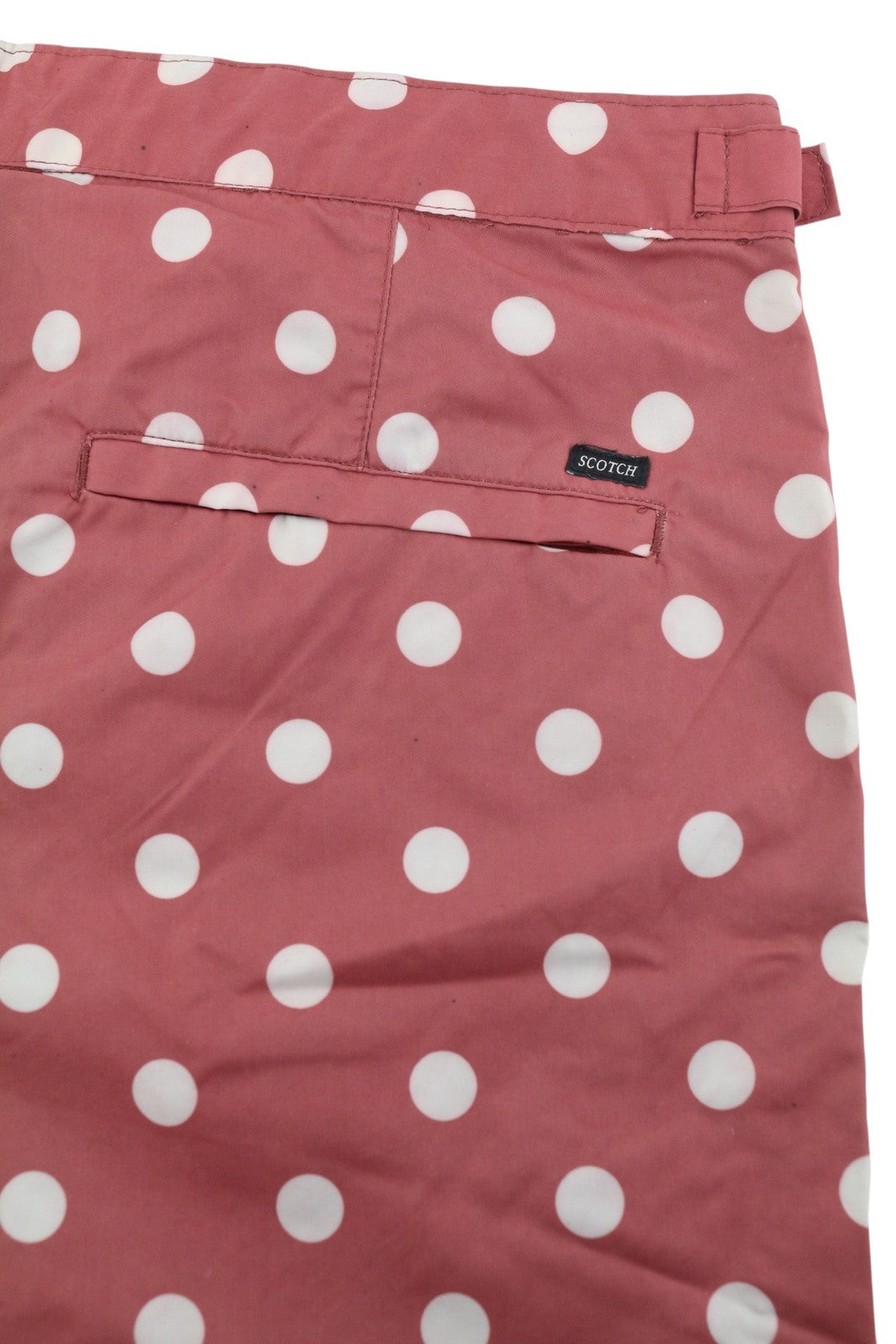 SCOTCH &amp; SODA vyriški maudymosi kostiumėliai ~W34 tamsiai raudoni taškuoti rašto užtrauktukai, kišenės su logotipu 