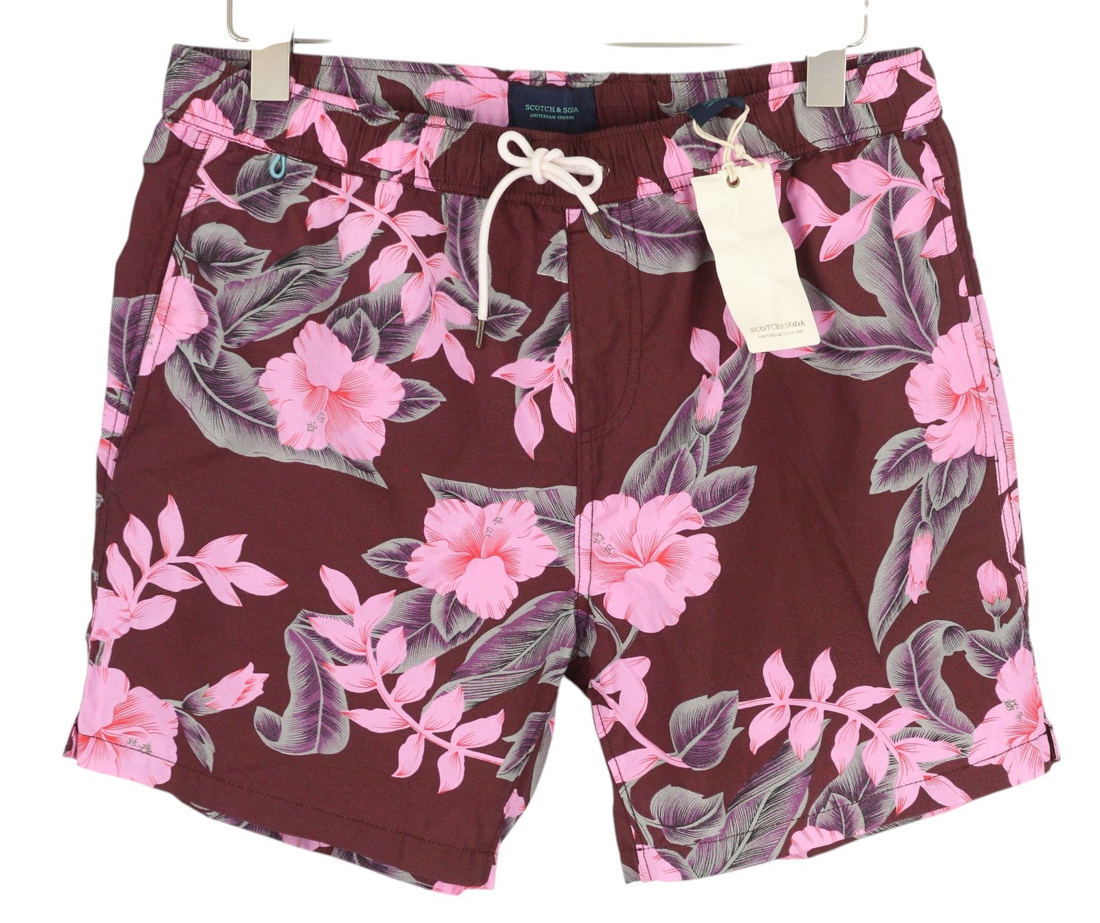 SCOTCH &amp; SODA vyriški maudymosi kostiumėliai L dydžio, bordo spalvos, gėlių rašto, su elastingu juosmeniu, tinklelio pamušalu. 
