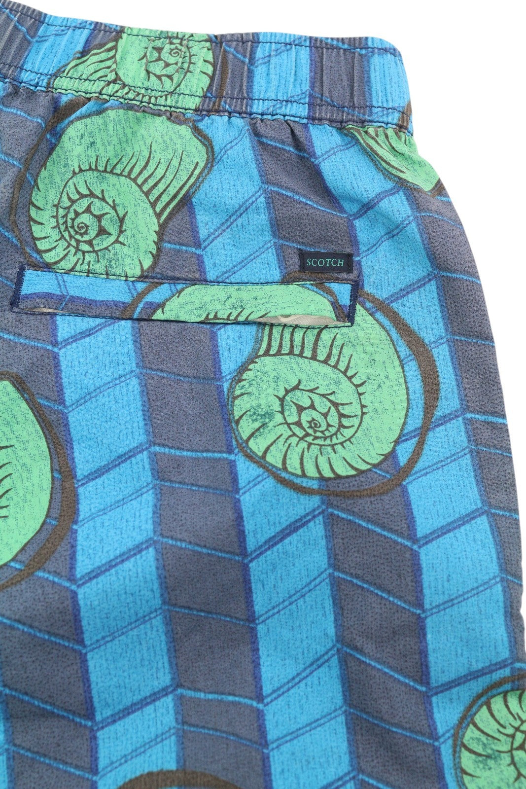 SCOTCH &amp; SODA vyriški maudymosi kostiumėliai S dydžio, mėlyni, kriauklės rašto, tinklelio pamušalu, elastingu juosmeniu, logotipu. 