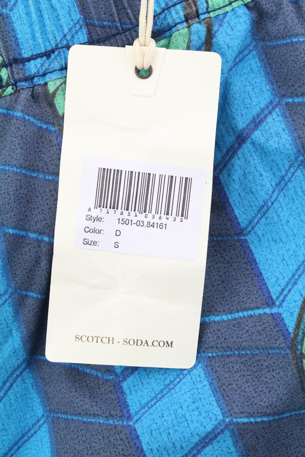 SCOTCH &amp; SODA vyriški maudymosi kostiumėliai S dydžio, mėlyni, kriauklės rašto, tinklelio pamušalu, elastingu juosmeniu, logotipu. 