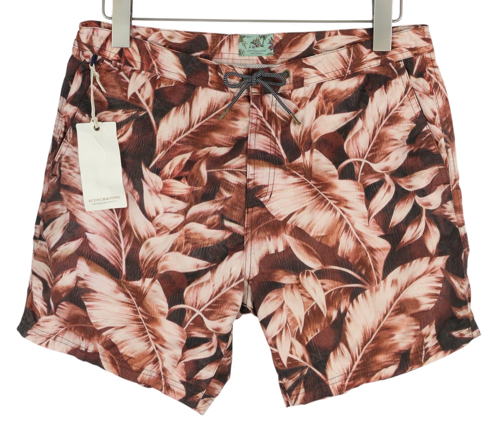 SCOTCH &amp; SODA vyriški maudymosi kostiumėliai M su violetiniais lapų raštais, užtrauktuku, logotipu, raišteliu ant juosmens. 