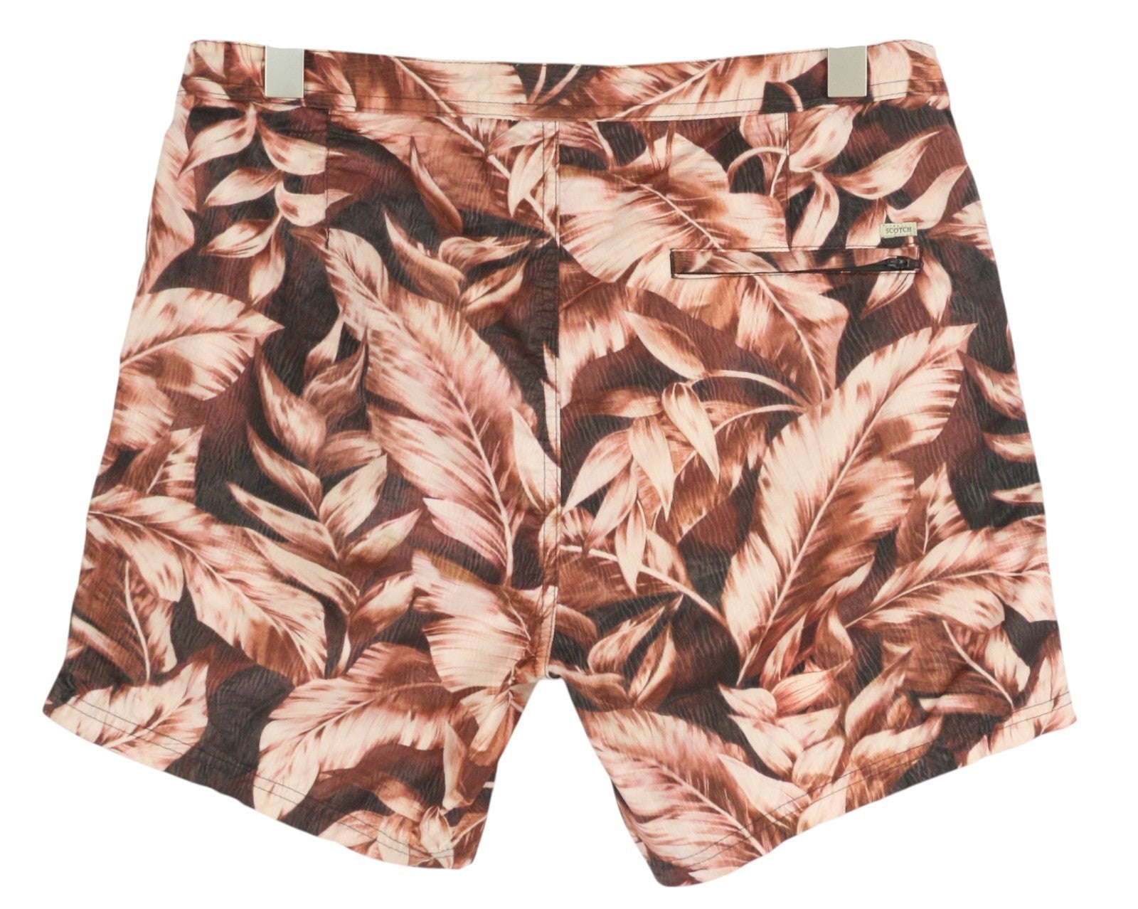 SCOTCH &amp; SODA vyriški maudymosi kostiumėliai M su violetiniais lapų raštais, užtrauktuku, logotipu, raišteliu ant juosmens. 