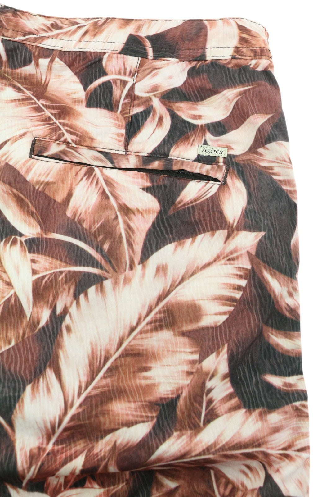 SCOTCH &amp; SODA vyriški maudymosi kostiumėliai M su violetiniais lapų raštais, užtrauktuku, logotipu, raišteliu ant juosmens. 