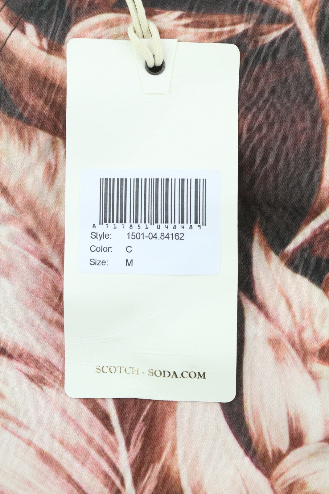 SCOTCH &amp; SODA vyriški maudymosi kostiumėliai M su violetiniais lapų raštais, užtrauktuku, logotipu, raišteliu ant juosmens. 