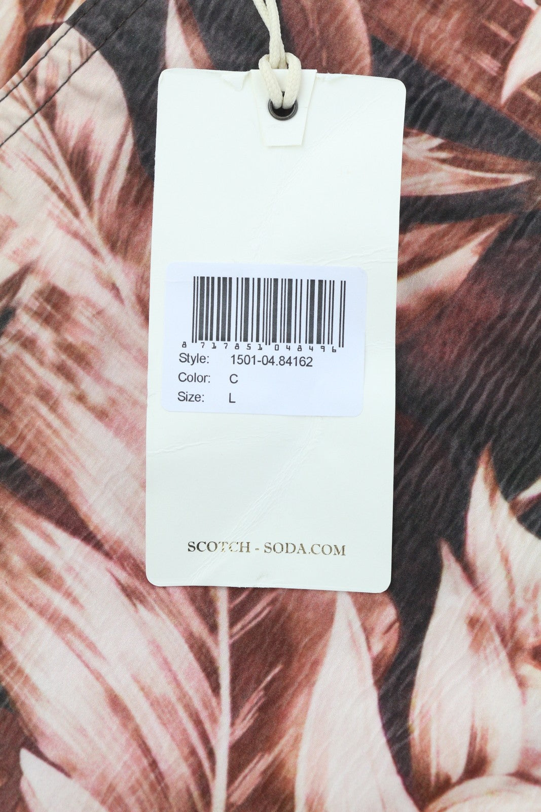 SCOTCH &amp; SODA vyriški maudymosi kostiumėliai L dydžio, violetiniai, lapų rašto, užtrauktuku, raišteliu juosmenyje. 