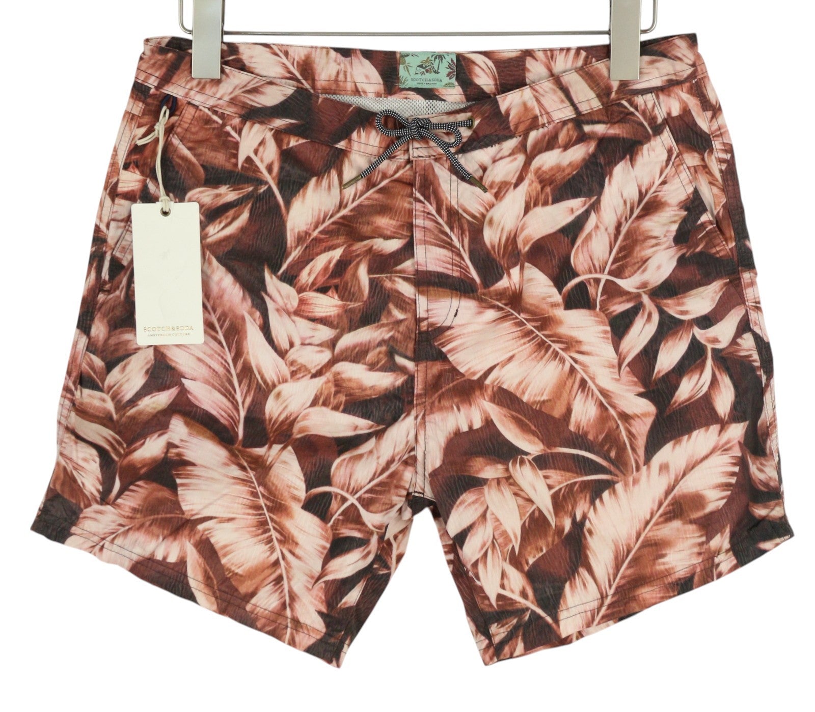 SCOTCH &amp; SODA vyriški maudymosi kostiumėliai S dydžio, violetinės spalvos, su lapų raštu, užtrauktuku, raišteliu ant juosmens. 