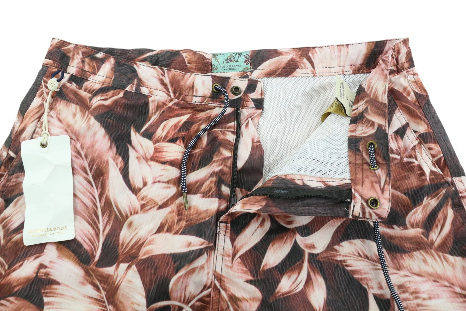 SCOTCH &amp; SODA vyriški maudymosi kostiumėliai S dydžio, violetinės spalvos, su lapų raštu, užtrauktuku, raišteliu ant juosmens. 