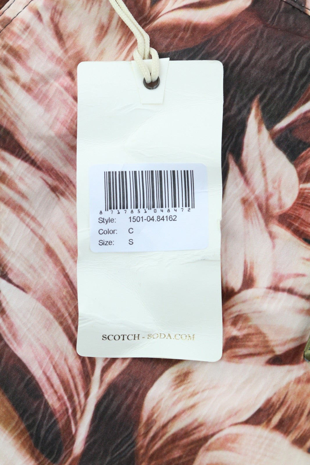 SCOTCH &amp; SODA vyriški maudymosi kostiumėliai S dydžio, violetinės spalvos, su lapų raštu, užtrauktuku, raišteliu ant juosmens. 