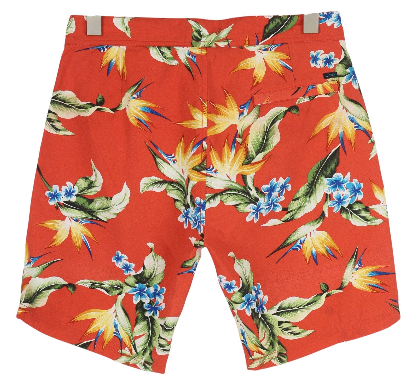 SCOTCH &amp; SODA vyriški maudymosi kostiumėliai S dydžio, raudoni, gėlių rašto, tinklelio pamušalu, raišteliu juosmenyje. 