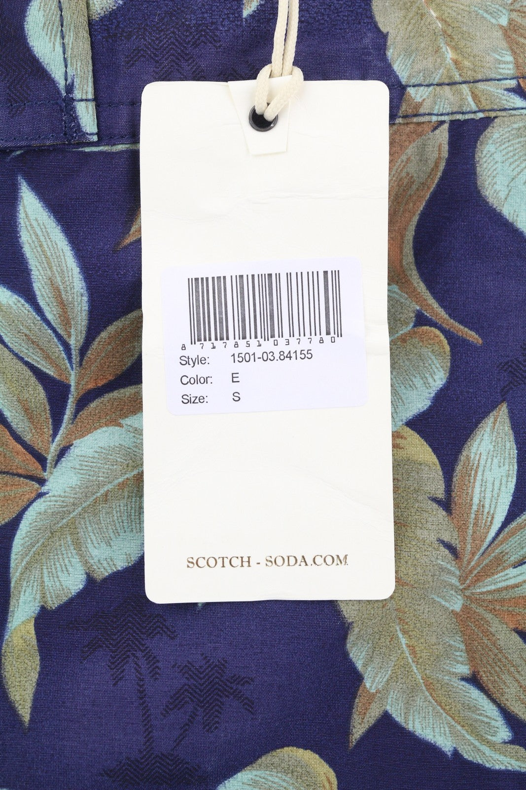 SCOTCH &amp; SODA vyriški maudymosi kostiumėliai S dydžio, mėlyni lapų rašto, tinklelio pamušalu, raišteliu juosmenyje. 