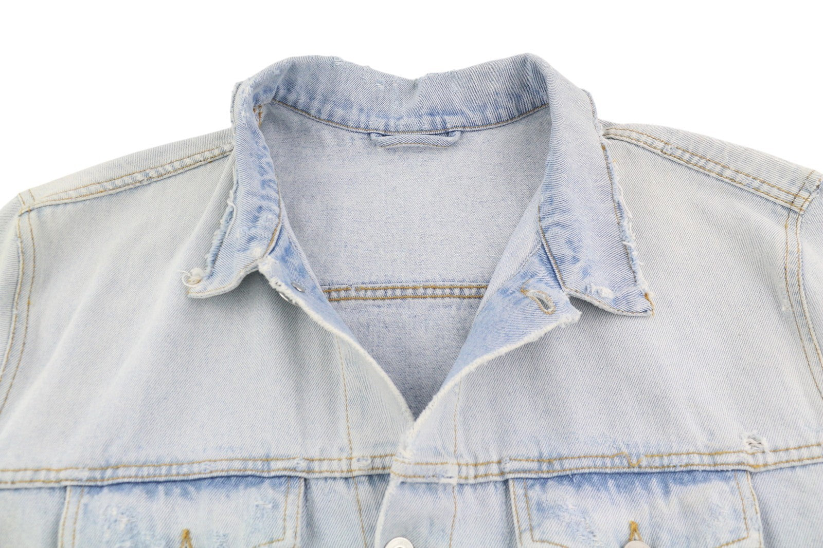 OFF-WHITE vyriška striukė su sunkvežimio tipo 2XL dydžiu, džinsinės mėlynos spalvos, skalbtos, balintos, sudirgusios odos spalva. RRP599 