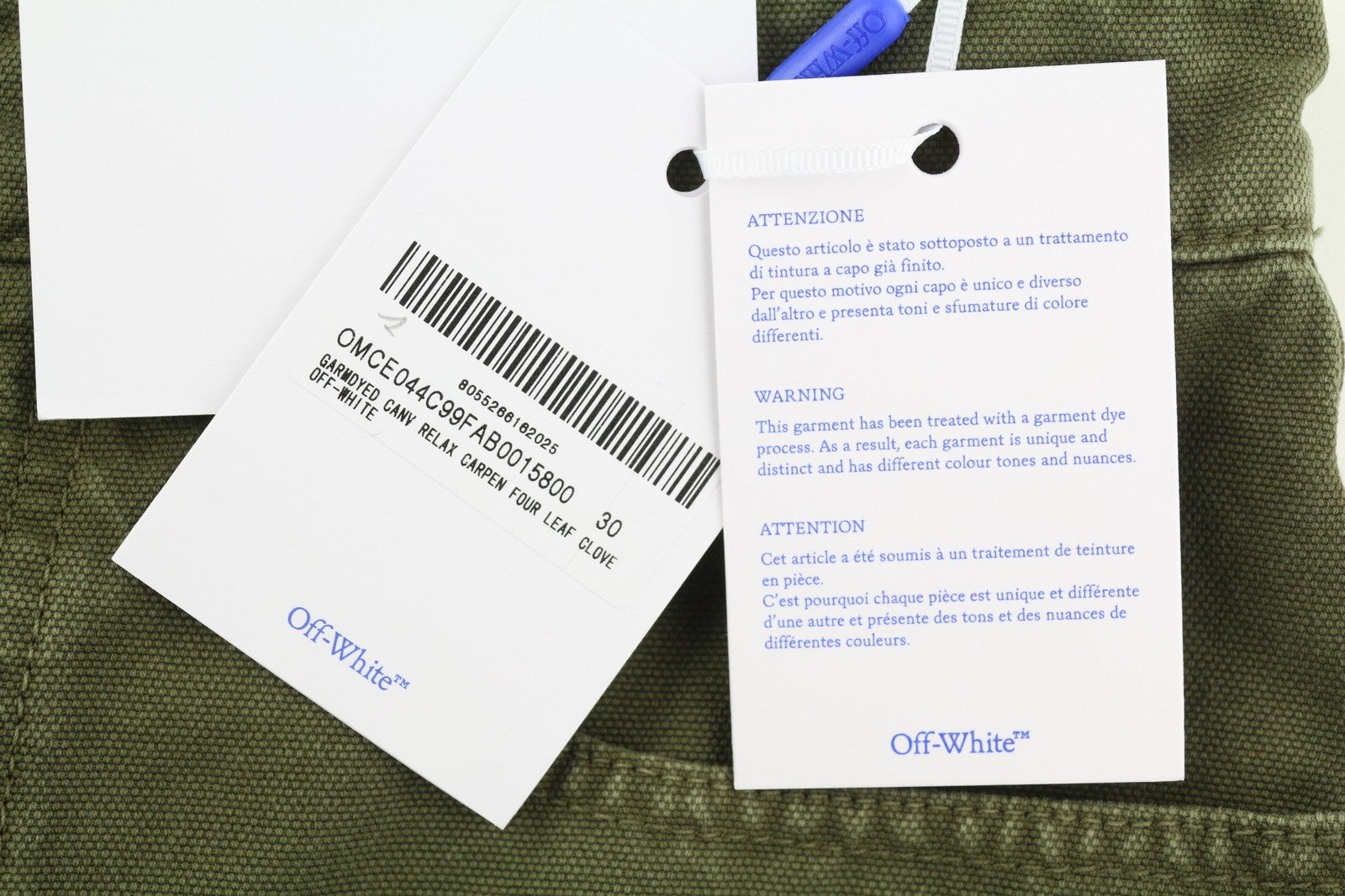 OFF-WHITE Garmdyed Canv Relax Men Jeans W30 Green Button Fly Straight RRP€799