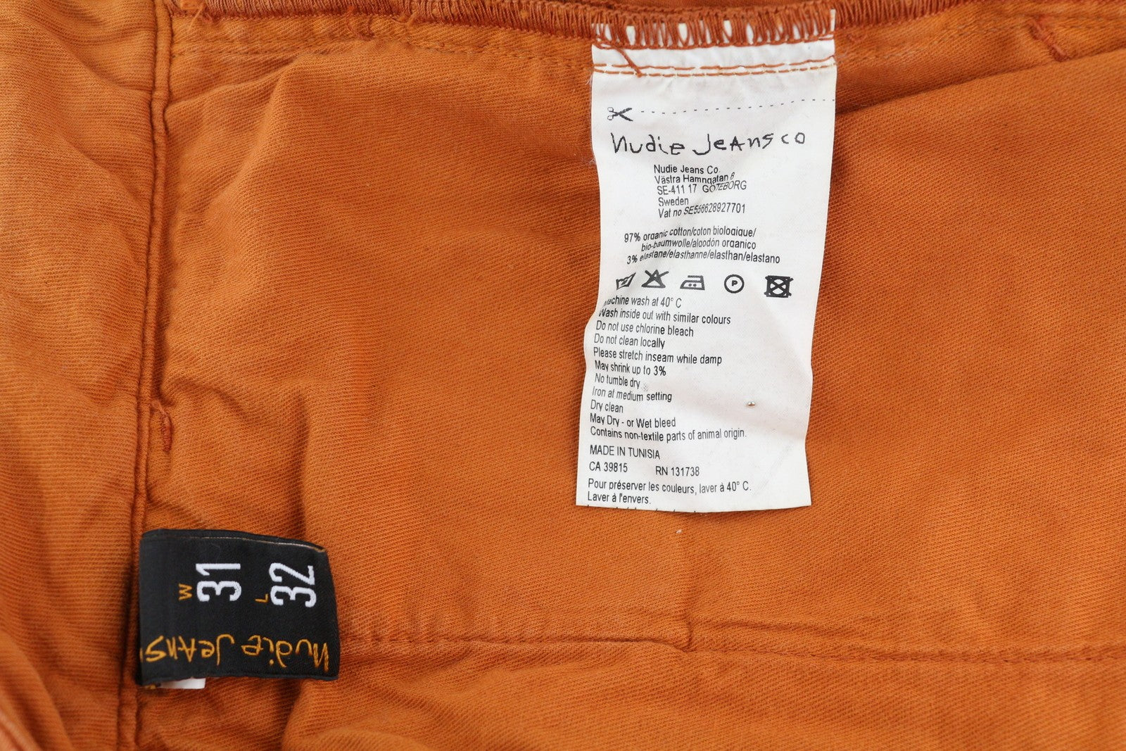 NUDIE JEANS Khaki Slim Org. Šiltos oranžinės vyriškos kelnės W31/L32 Chino su užtrauktuku ir logotipu 