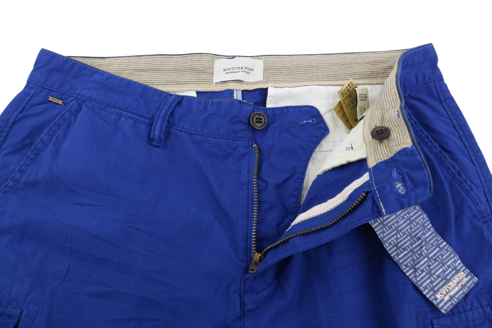 SCOTCH &amp; SODA vyriški šortai W31 mėlyni, su užtrauktuku, 5 kišenėmis ir logotipu.