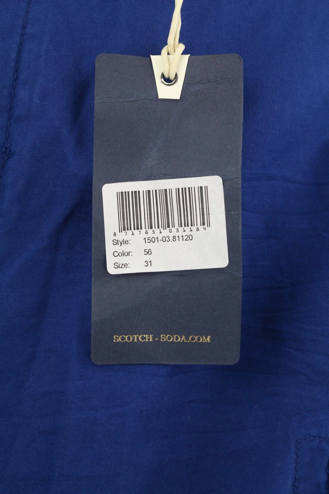 SCOTCH &amp; SODA vyriški šortai W31 mėlyni, su užtrauktuku, 5 kišenėmis ir logotipu.