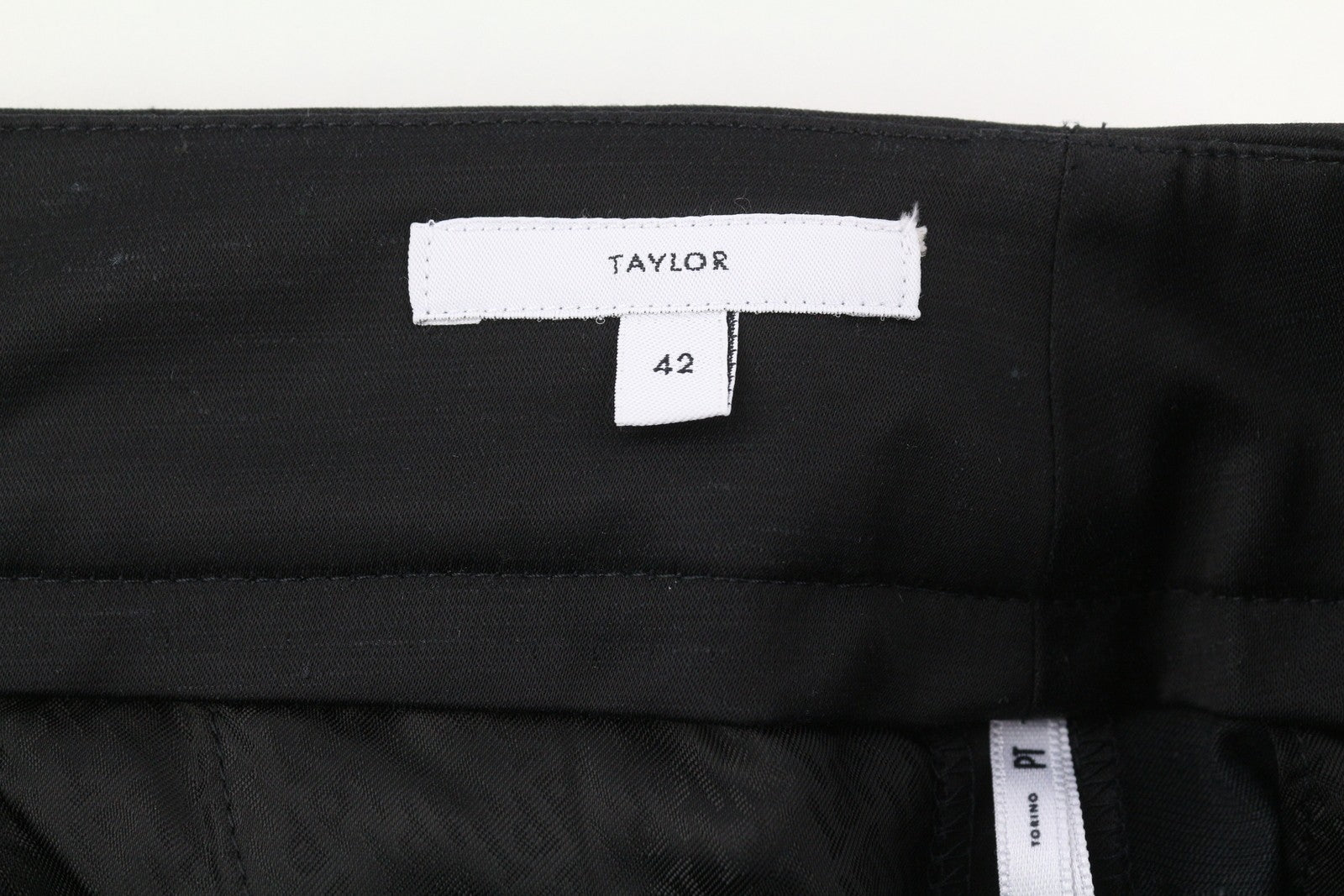 PT TORINO Taylor moteriškos kelnės 42 W30 juodos šilko mišinio kelnės aukštu liemeniu platėjančiomis klešnėmis 