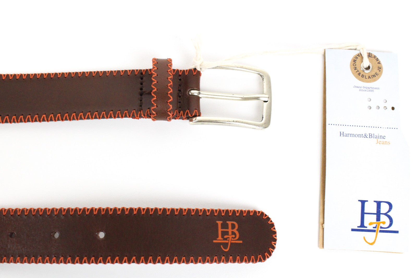 HARMONT & BLAINE Belt 105cm Brown Leather Round-End Orange Stitch Detail