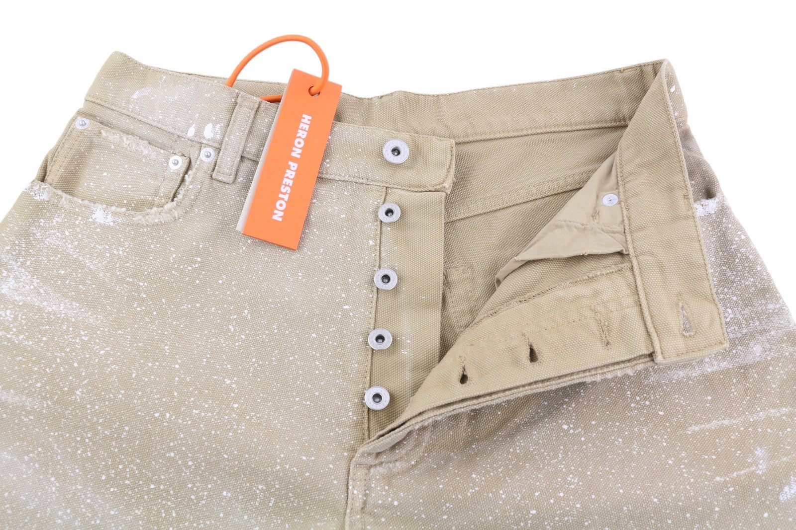 HERON PRESTON Men Shorts M Denim Beige Distress Painted Buttoned Logo Casual