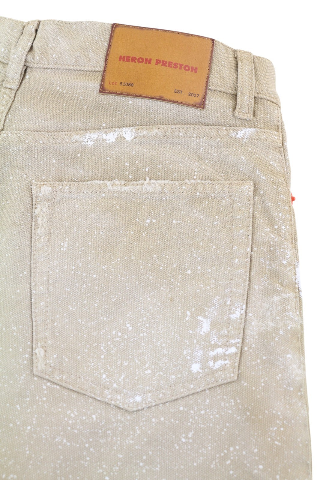 HERON PRESTON Men Shorts M Denim Beige Distress Painted Buttoned Logo Casual