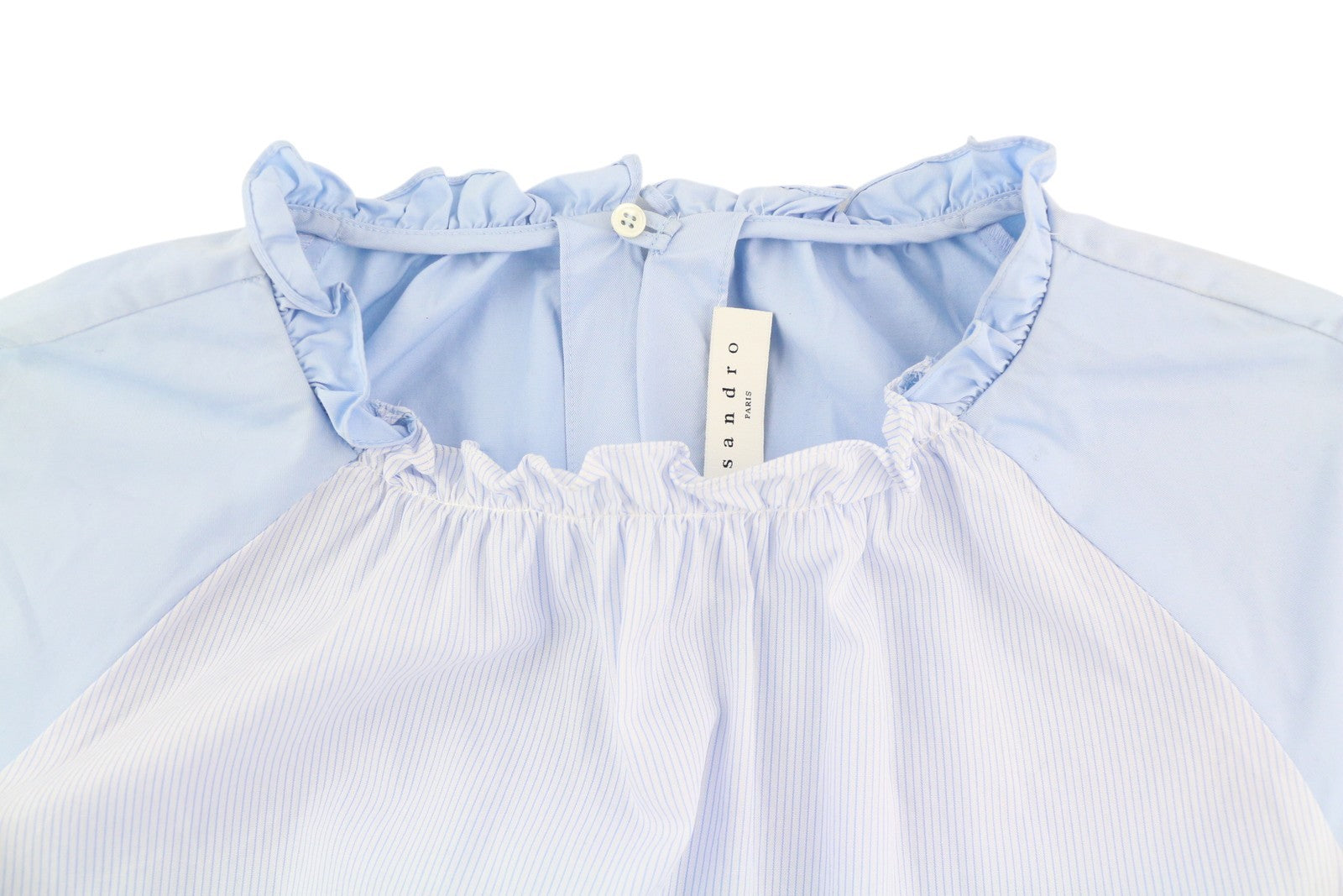 SANDRO Rosalyn moteriškas romperis EU36 3/4 rankovėmis su raukiniais ir spalvotais blokais, su diržu 