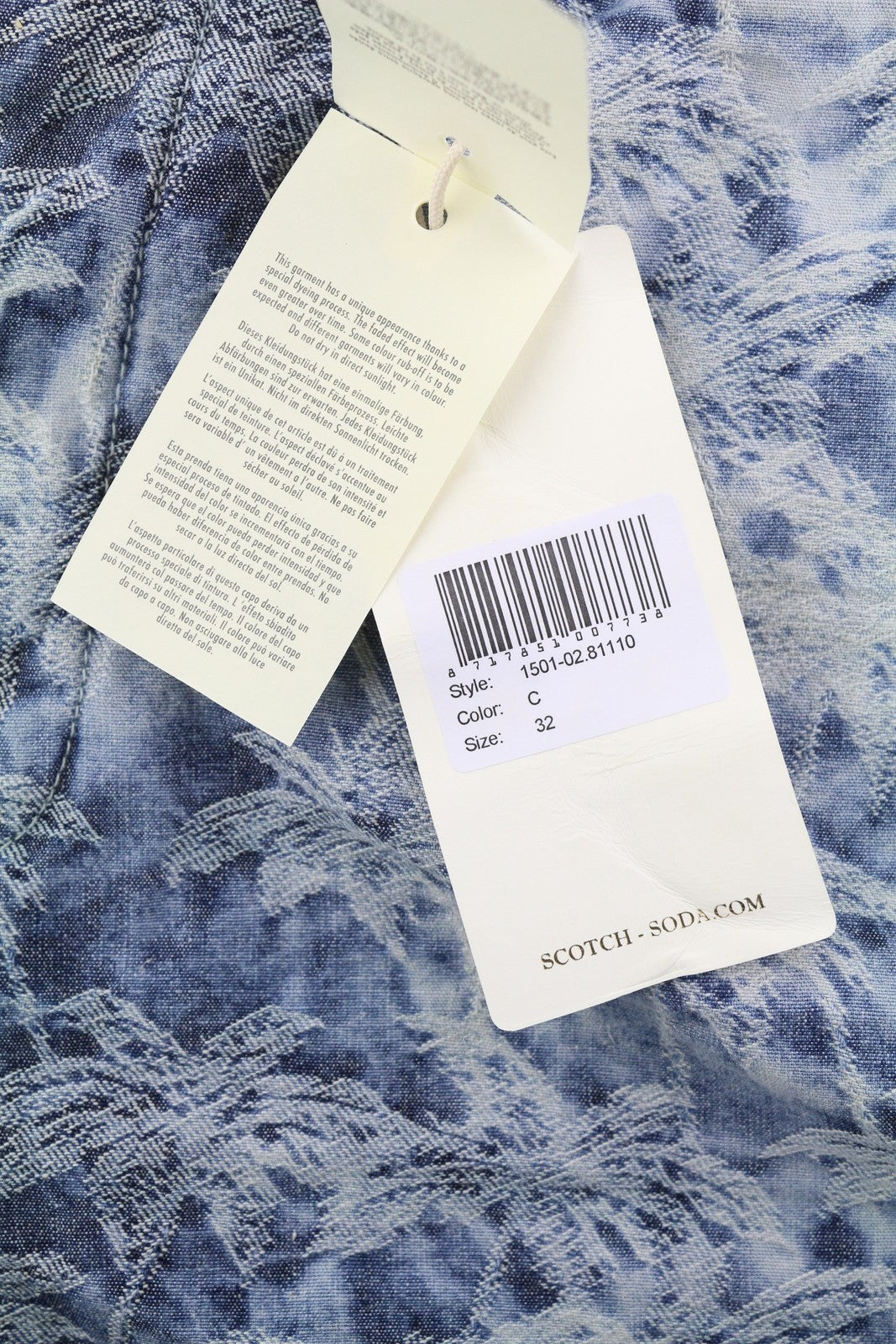 SCOTCH &amp; SODA vyriški šortai W32 Chino, skalbtos mėlynos spalvos, siuvinėtas užtrauktukas su logotipu laisvalaikiui