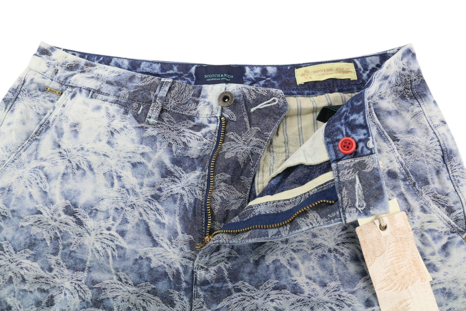 SCOTCH &amp; SODA vyriški šortai W32 Chino, skalbtos mėlynos spalvos, siuvinėtas užtrauktukas su logotipu laisvalaikiui