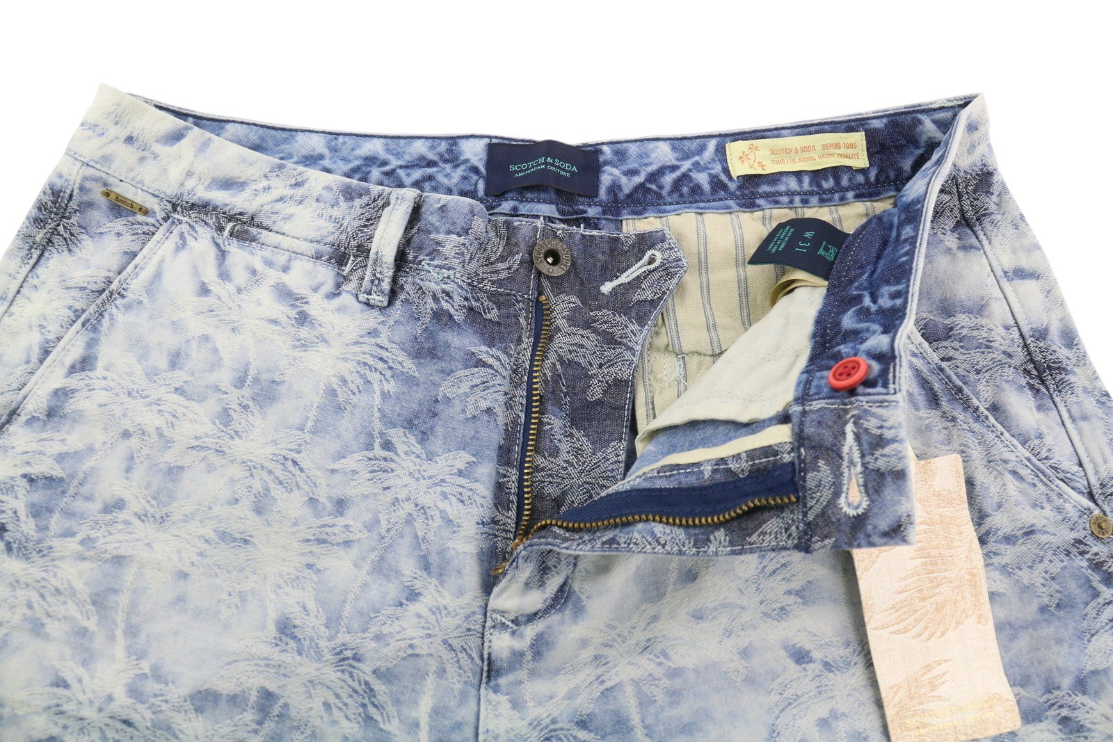 SCOTCH & SODA Men Shorts W31 Chino Washed Blue Embroidered Zip Fly Logo Casual