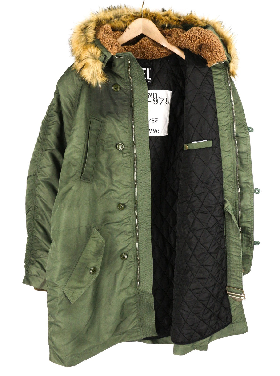 DIESEL W-Claud vyriška striukė L, didelė parka, su išimamu dirbtiniu kailiu, žalia, RRP 395 € 
