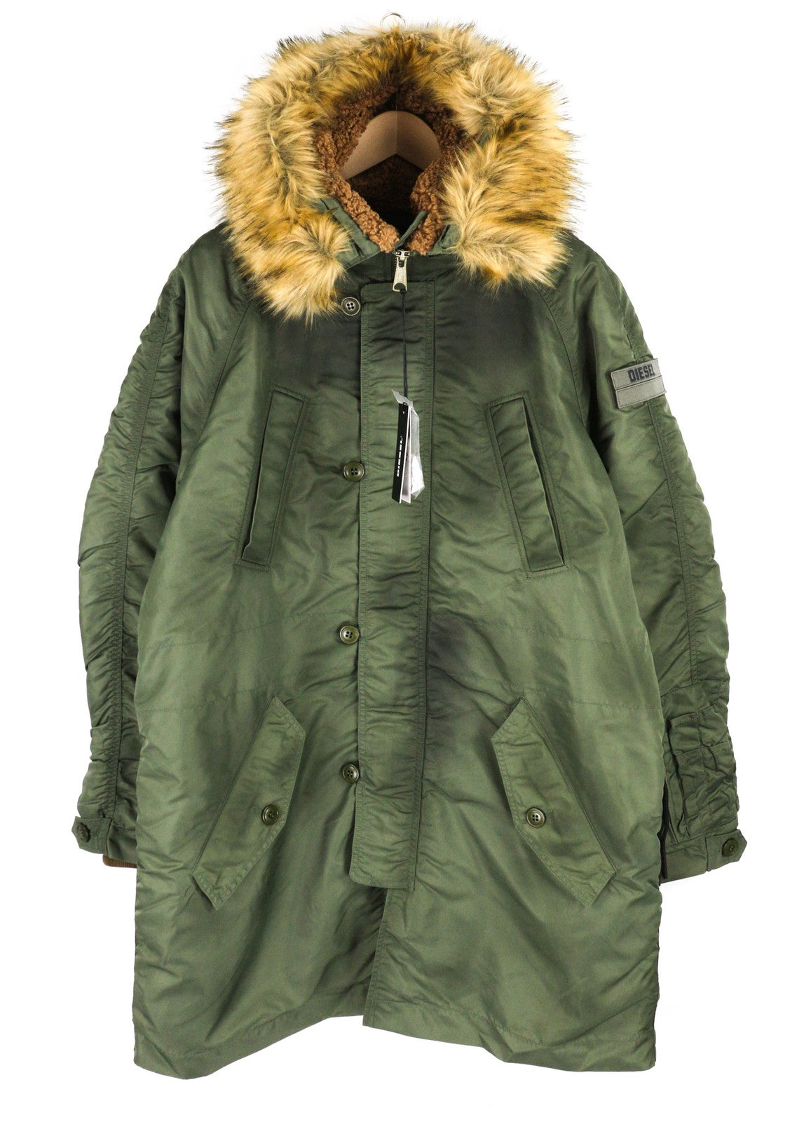 DIESEL W-Claud vyriška striukė L, didelė parka, su išimamu dirbtiniu kailiu, žalia, RRP 395 € 