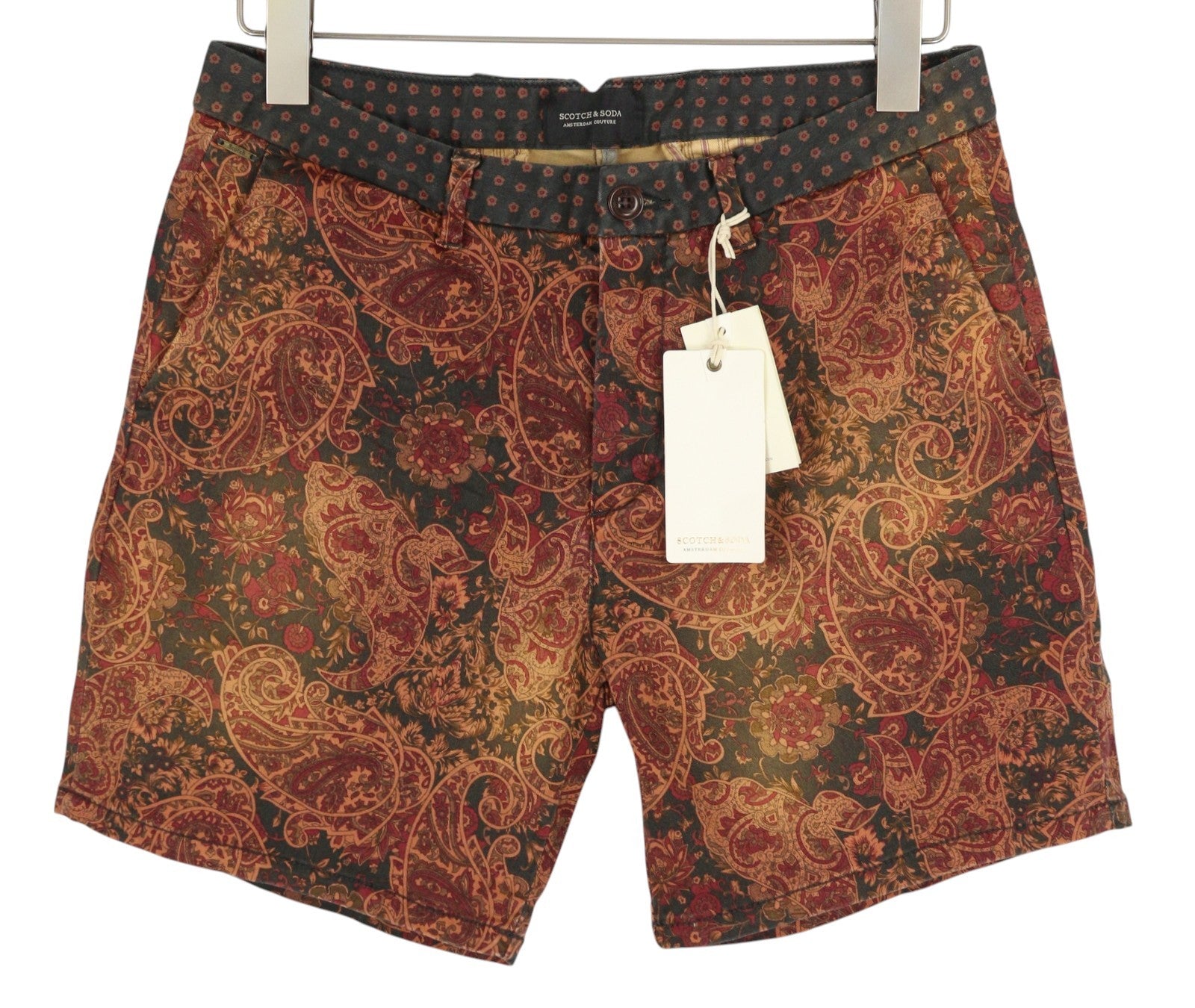 SCOTCH &amp; SODA vyriški šortai W30 rudi su Paisley raštu, užtrauktuku ir logotipu, laisvalaikio chino džemperis 