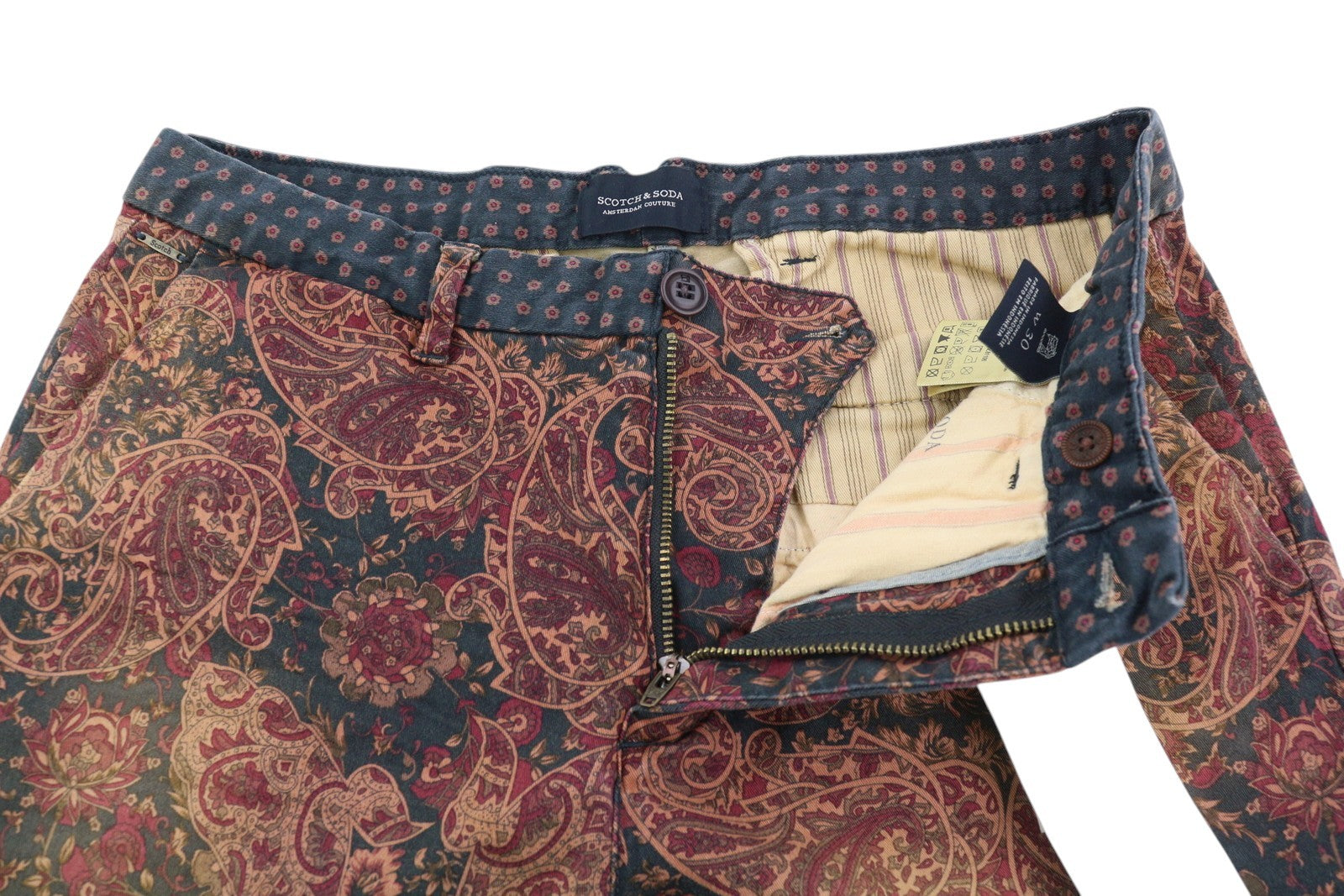 SCOTCH &amp; SODA vyriški šortai W30 rudi su Paisley raštu, užtrauktuku ir logotipu, laisvalaikio chino džemperis 